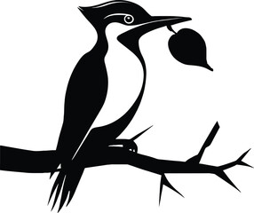 A minimalist, flat design of a silhouette woodpecker icon with a small leaf in its mouth