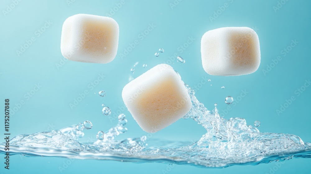 Poster three white cubes falling into water, creating splashes.