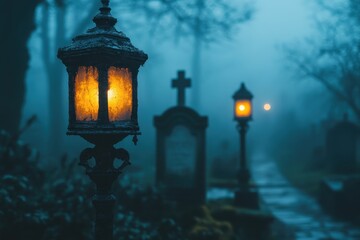Mysterious lanterns illuminate a foggy cemetery path at dusk, creating an eerie atmosphere for evening strolls