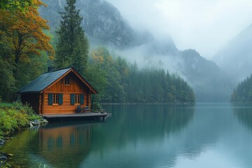 Fototapeta premium a peaceful wooden cabin sits by a serene lake surrounded by towering trees and majestic mountains capturing the essence of tranquility in a natural landscape