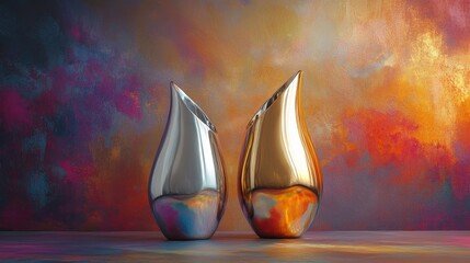 Silver vase with a sleek design and a gold vase with delicate curves, placed against a rich, colorful background.