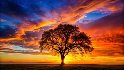 Fototapeta premium Silhouette of a majestic tree at sunset, dramatic sky backdrop