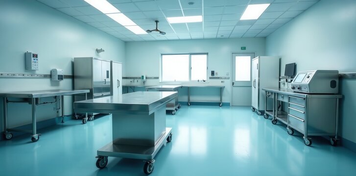 Gleaming stainless steel tables dominate a pristine morgue interior , morgue, sterile, body