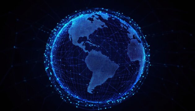 A futuristic digital globe representing global connectivity and technology through nodes and connections.