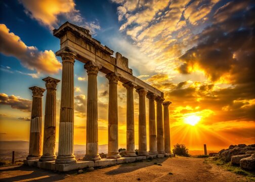 Silhouette of ancient Greek ruins at sunset, Pella, Greece