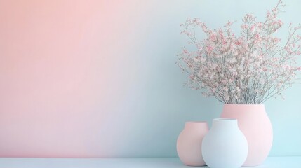 Pink and white vases hold delicate pink flowers against a pastel background