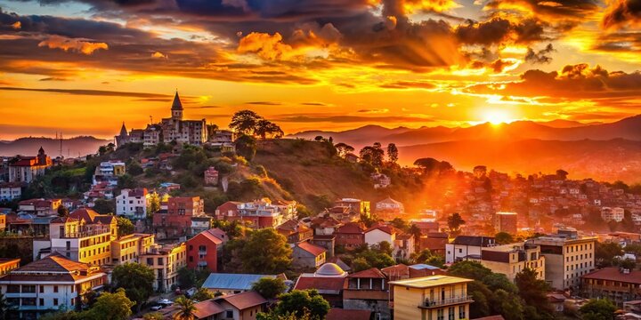Silhouette of Antananarivo cityscape at sunset, Madagascar capital