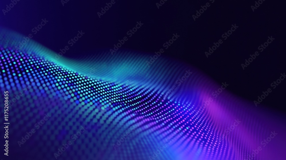 Poster abstract wave pattern with vibrant colors and glowing dots, creating a mesmerizing digital landscape