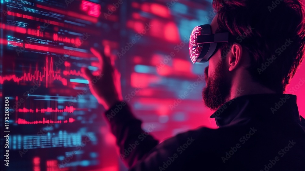 Poster person interacting with futuristic hologram interfaces in immersive virtual reality setting
