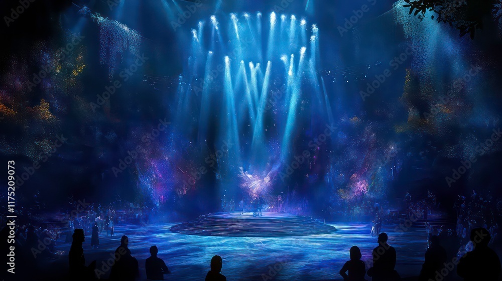 Poster a mesmerizing stage scene illuminated with vibrant lights, creating an enchanting atmosphere for ste