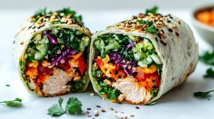 A classic chicken wrap cut open to showcase its colorful fillings, placed neatly on a clean white backdrop