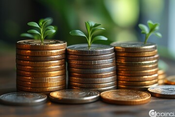 Growing wealth through investment with money and plants representing prosperity and sustainability in a modern setting