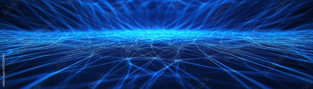 Poster abstract image showcasing a vibrant blue network of interconnected lines and patterns creating a dig