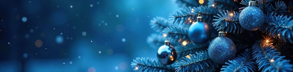 A blue Christmas tree with sparkling ornaments hanging from its branches, festive, christmas, sparkle