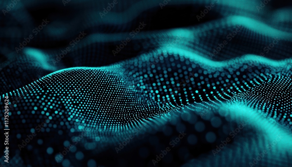Poster abstract wave pattern with glowing dots, representing digital technology and innovation in a mesmeri