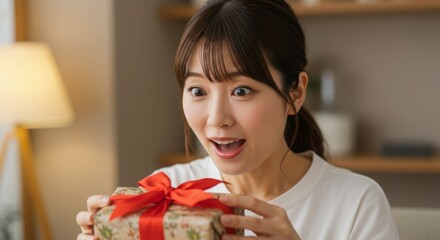 驚いた表情でプレゼントの箱を開ける若い女性