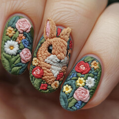 Highly detailed close up of nail art featuring rabbit and floral design, showcasing vibrant colors and intricate embroidery techniques that evoke sense of creativity and joy
