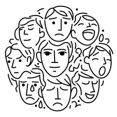 Different emotions and facial expressions of a person. Vector illustration of a psychological concept. Flat contour illustration in black and white style
