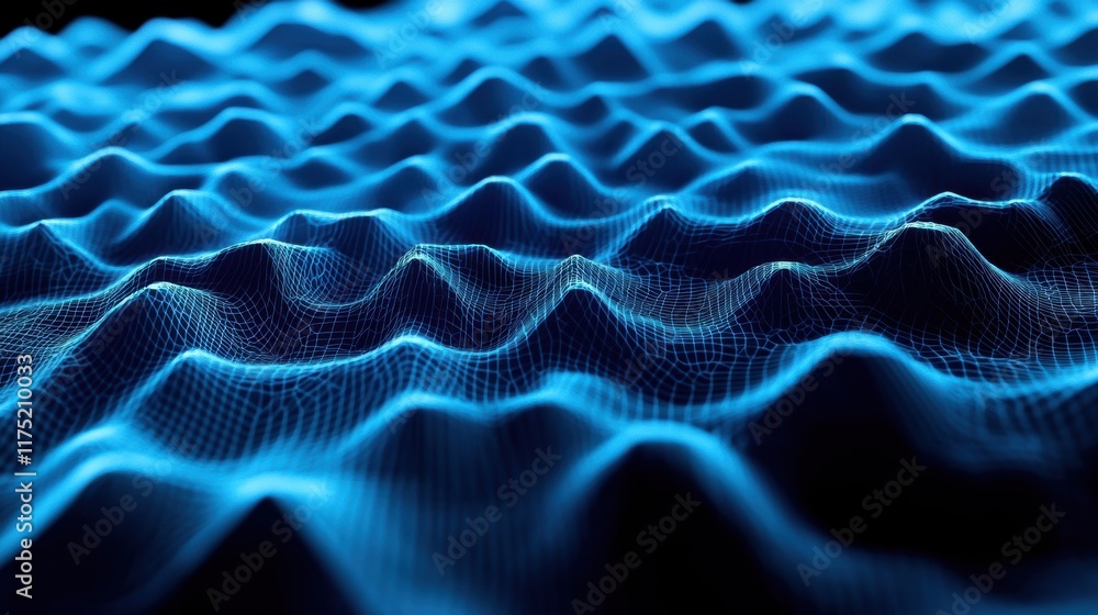 Poster abstract blue wave patterns in a digital landscape, creating a mesmerizing visual of depth and movem