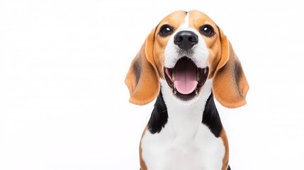 Energetic Beagle Dog Barking with Open Mouth Against White Background