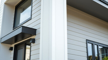 Exterior view of a house showcasing light gray siding, black window frames, a dark gray window awning, and a white column.  The house features a modern design with clean lines.