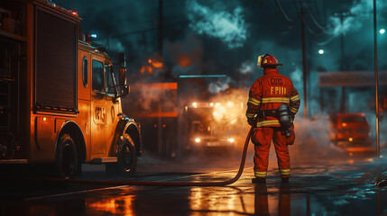firefighter-uniform-firetruck-hose-dramatic-lighting
