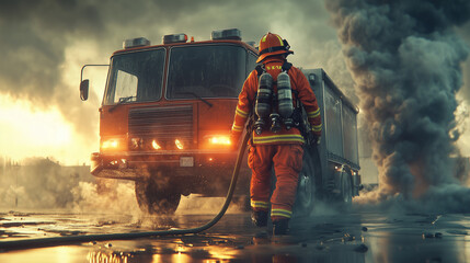 firefighter-uniform-firetruck-hose-dramatic-lighting