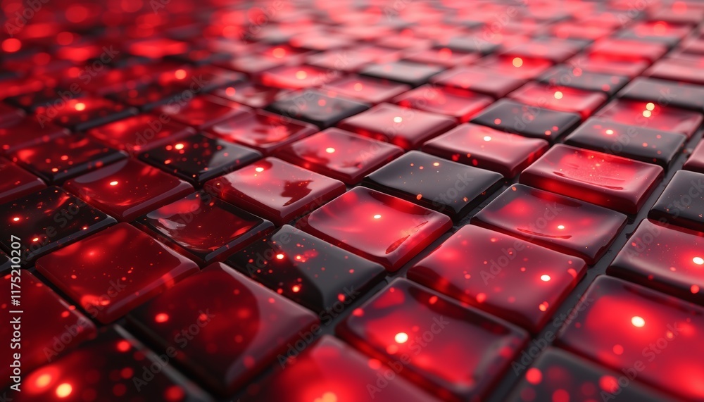 Poster abstract composition of many red squares arranged in a grid pattern. the squares have a glossy textu
