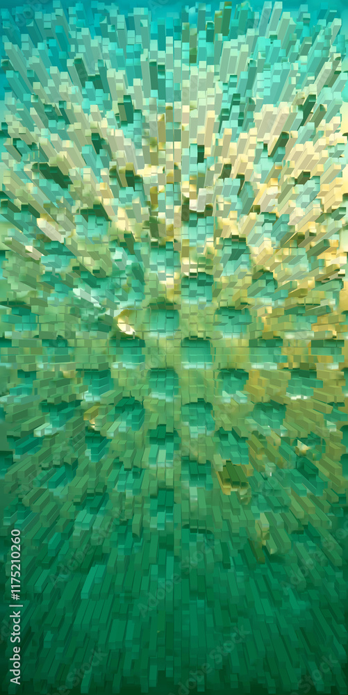 Poster abstract texture, mosaic consisting of many square pieces with elements in shades of green and yello