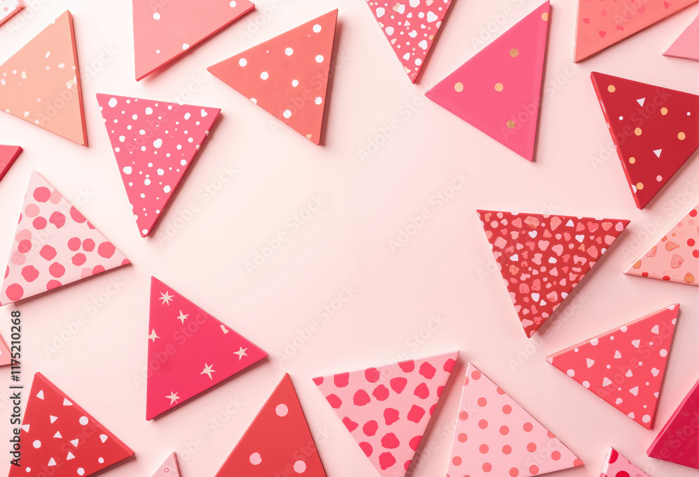 Aufkleber multicolored triangles with different patterns scattered on a pink background. triangles have differ