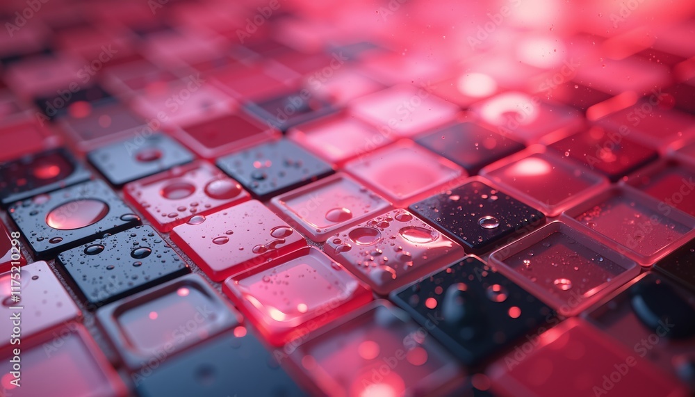 Fototapete abstract composition of many red squares arranged in a grid pattern. The squares have a glossy texture and reflect red and black hues, creating an effect of depth and volume. Technology concept