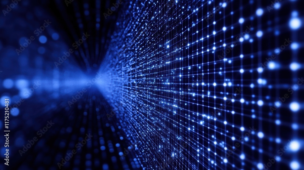 Poster a stunning perspective of a network of glowing dots and lines, creating a digital atmosphere in vibr