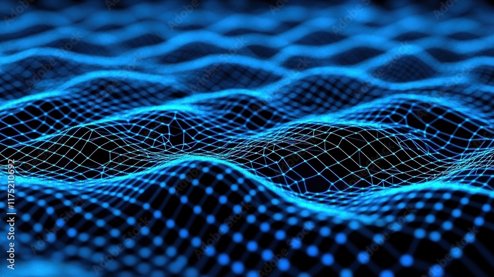 Poster abstract digital wave in blue hues, featuring intricate lines and patterns, representing technology 