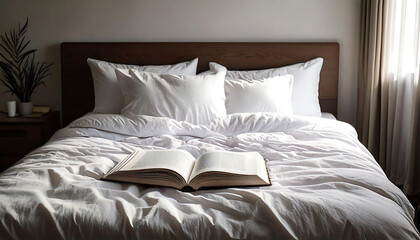 Serene bedroom scene: An open book rests on a neatly made bed with crisp white linens. Soft natural light streams in, creating a calm and inviting atmosphere, perfect for websites, blogs, or travel