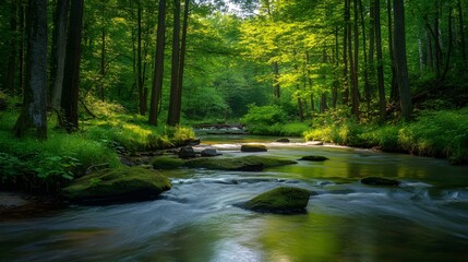Fototapeta premium Forest stream, lush greenery, mossy rocks, wooden footbridge, dappled sunlight, tranquil water, long exposure, serene atmosphere, vibrant foliage, nature photography, peaceful landscape, ethereal glow