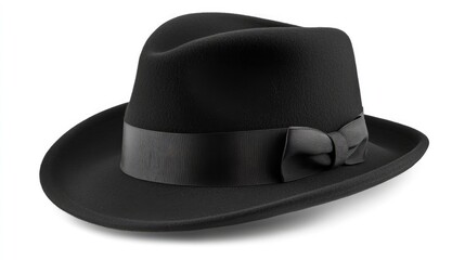 Stylish fedora hat in black, angled slightly on a white background, highlighting its sleek design.