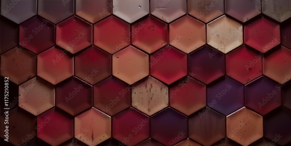 Poster an abstract pattern of hexagons in various shades of brown and purple. gradients and shadows create 