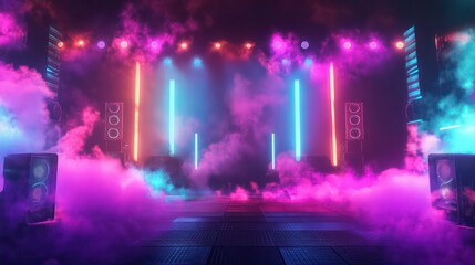 Obraz premium Neon lights illuminate a stage with speakers and pink, blue smoke.