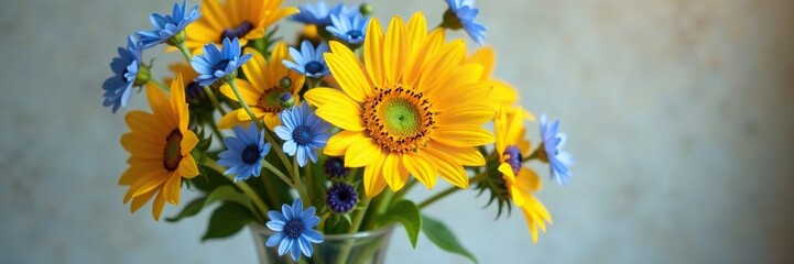 Obraz premium A vase filled with a mix of yellow sunflowers and blue cornflowers, , arrangement, flowers
