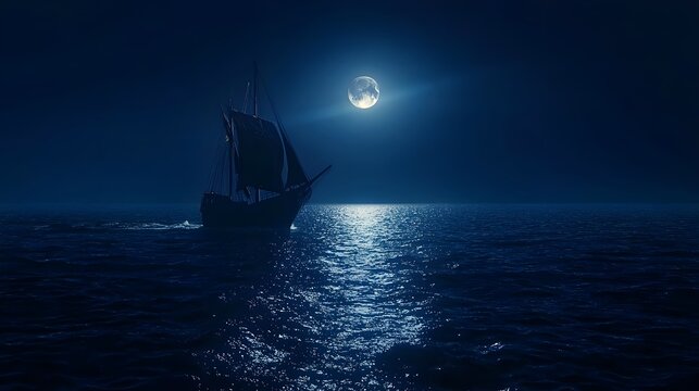 Night seascape, full moon, silhouette of sailing ship, moonlit ocean, dark blue tones, calm waters, reflective sea surface, mysterious atmosphere, ethereal glow, maritime scene, starry sky, nautical