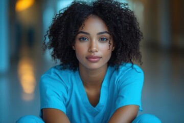 Fototapeta premium a portrait of an overworked african american nurse sitting on the hospital floor looking tired and stressed capturing the emotional toll of caring for others