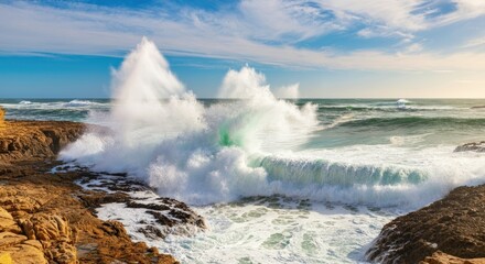Majestic ocean waves crashing against rocky shoreline under clear blue sky