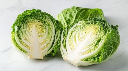 Obraz premium Halved Fresh Green Cabbage Lying on Clean White Surface