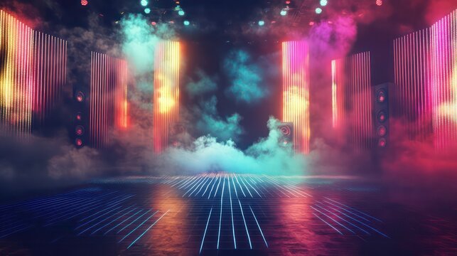 Neon lights illuminate a smoky stage with speakers, creating a vibrant, futuristic atmosphere.