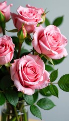 Fototapeta premium Bouquet of pink roses with greenery and leaves, roses, arrangement