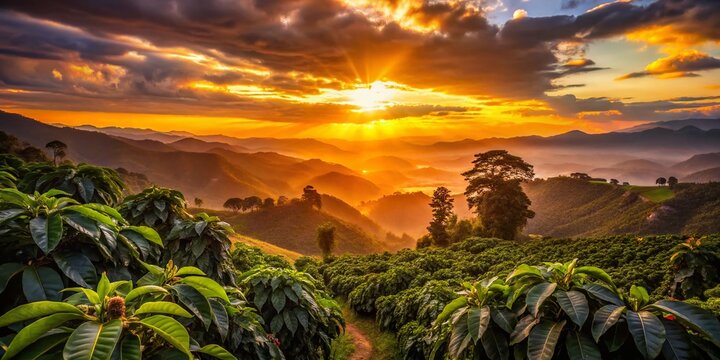 Silhouette of Coffee Plants at Sunset, Paisaje Cafetero, Colombia