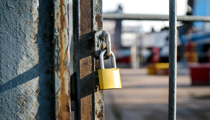 Close-up of a gold padlock securing a rusty metal gate.  The blurred background suggests an industrial or outdoor setting. Ideal for concepts of security, protection, access, and urban environments.