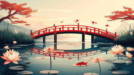 Serene Japanese Garden with Bridge and Koi Fish at Sunset