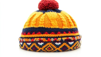 Woolen winter hat with intricate patterns, lying flat on a clean white background, soft and detailed.