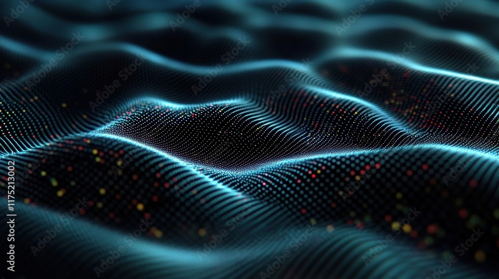 Poster abstract wave patterns of glowing lines and dots create a mesmerizing digital landscape in deep blac